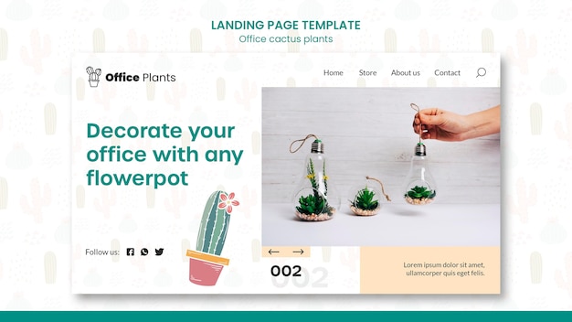 PSD landing page template for office workspace plants