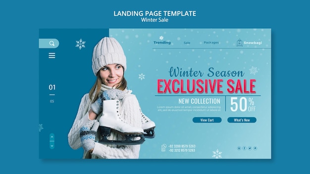 PSD landing page template for winter sale with woman and snowflakes