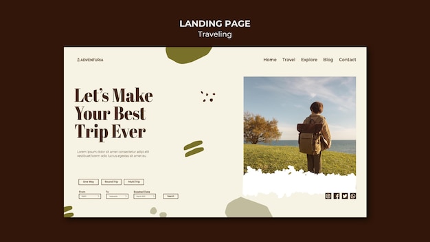 PSD landing page template with backpacking traveling child