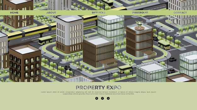 PSD modello di pagina di destinazione con illustrazione 3d isometrica della città