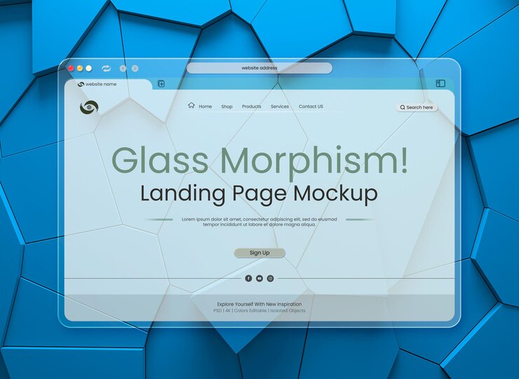 PSD landing page template with glass morphism light interface presentation on geometric 3d backdrop