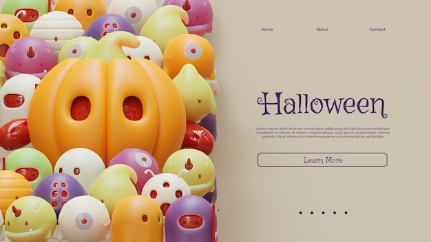 Landing page template with halloween 3d render illustration