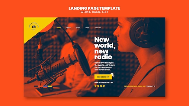 PSD landing page template for world radio day with broadcaster and microphone