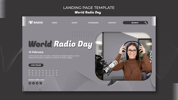 Landing page template for world radio day with female broadcaster