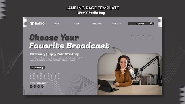 Landing page template for world radio day with female broadcaster