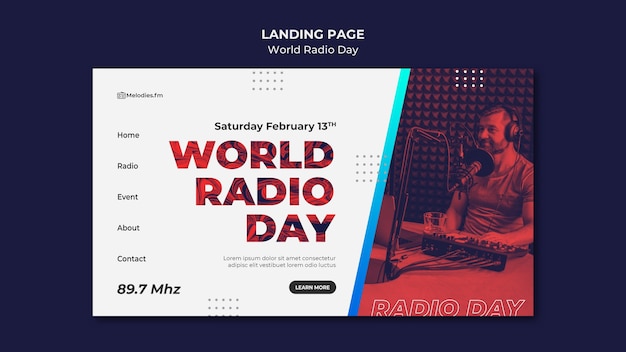 Landing page template for world radio day with male broadcaster