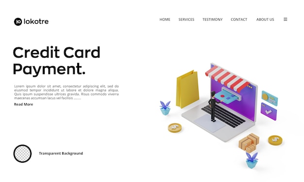 Landing page with 3d isometric online payment illustration. man paying by credit card