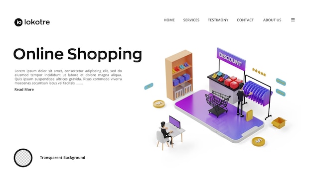 landing page with illustration man shopping online using komputer at home