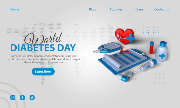 PSD landing page world diabetes day with 3d illustration