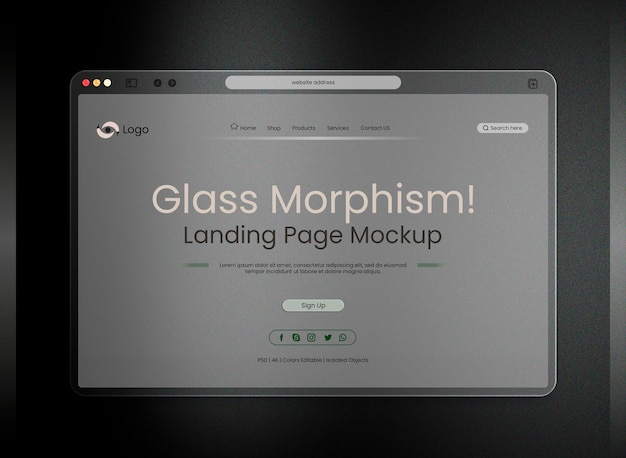 Landingspaginasjabloon met glasmorfisme-interfacepresentatie. gratis psd bestanden