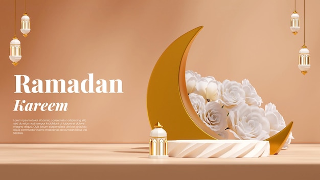 In landscape arabian lamp and white flower ramadan kareem, 3d rendering blank mockup white podium