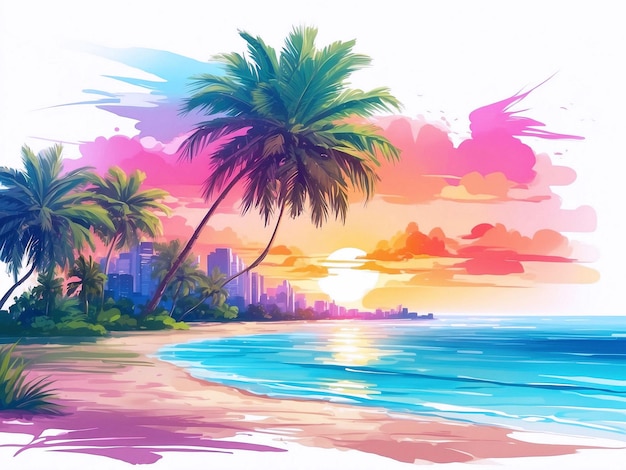 PSD landscape background at sunset with palm trees