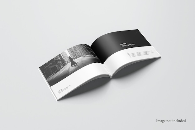 Brochure orizzontale e mockup catalogo vista prospettica aperta