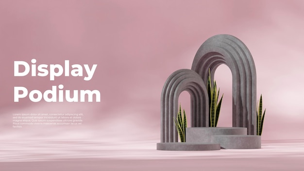 in landscape double archs 3d render mockup scene concrete texture curved cylinder podium