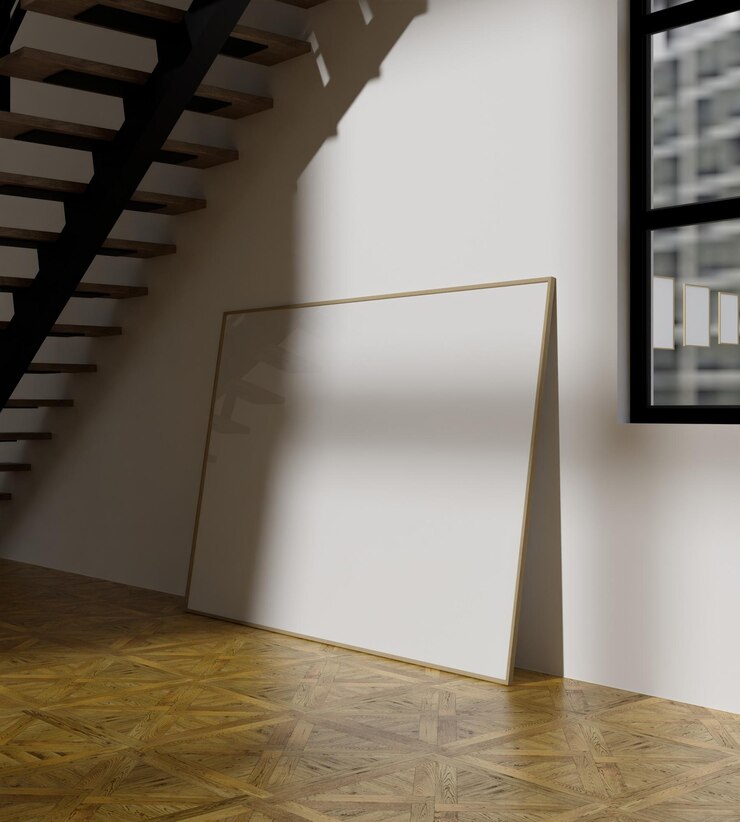 PSD a landscape frame mockup poster underneath the stairs on the wooden floor