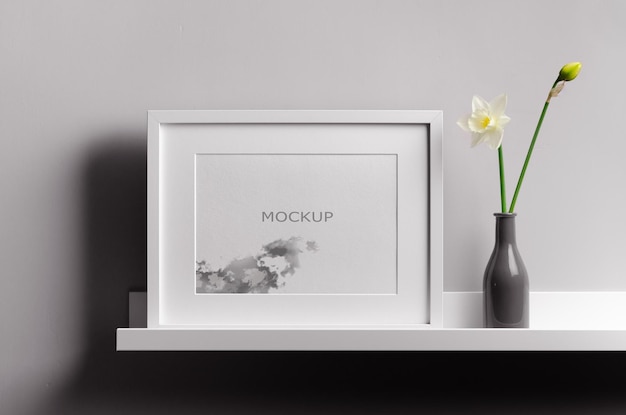 Landscape frame mockup on white shelf with daffodils flowers