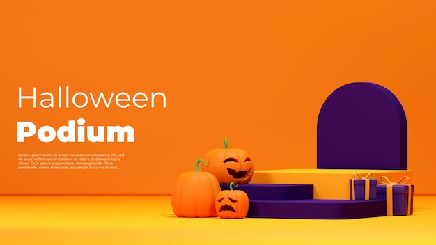 Landscape layout 3d rendering mockup halloween scene of purple and yellow podium with pumpkins