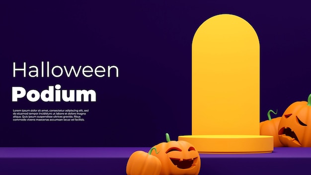 Landscape layout 3d rendering mockup yellow podium with jack o lantern and purple background