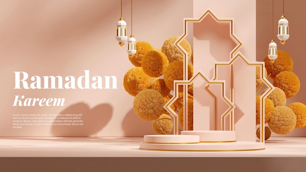 Nel paesaggio fiore mimosa e lampada araba ramadan kareem, l'immagine 3d rende lo spazio vuoto podio rosa