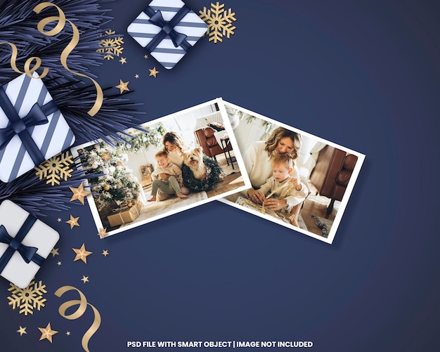 Landscape photo frame polaroid template christmas and newyear mockup premium psd