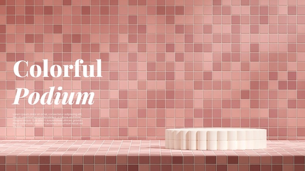 PSD in landscape pink tile pattern wall 3d render image blank mockup light yellow cylinder podium