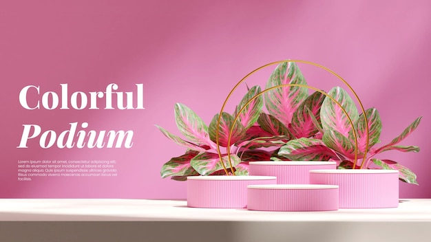 In landscape red aglaonema and gold ring backdrop 3d render blank mockup white pink color podium