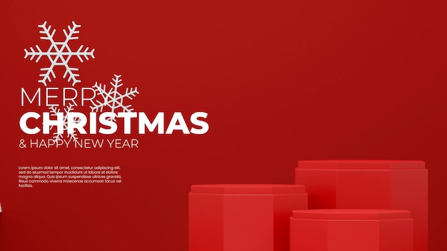 In landscape red wall and snowflake 3d image render mockup template christmas cylinder podium