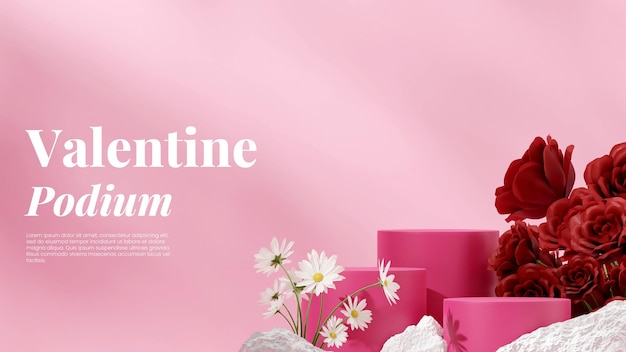 In landscape rose and daisy flower in valentine 3d render blank mockup cylinder pink podium