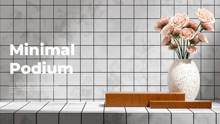 PSD in landscape rose flower in vase backdrop 3d rendering blank mockup wood material block podium