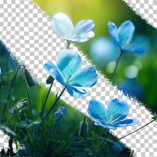 PSD landschap shot van bloemen in een natuurlijke weide met blauwe bloemblaadjes en groen gras transparante achtergrond