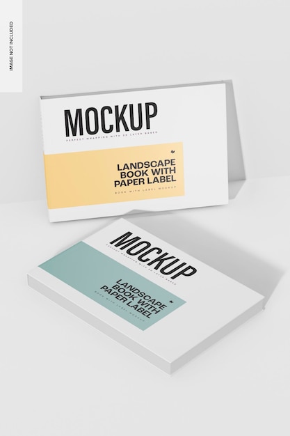 Landschapsboeken met mockup voor papieren etiketten, weergave vanuit een hoge hoek