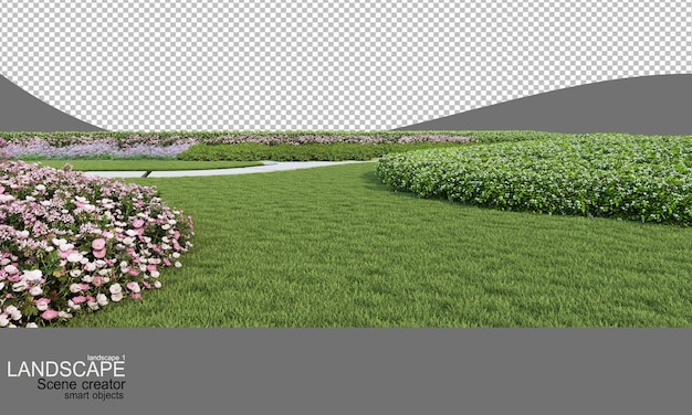 Landskap med många växter och blommor