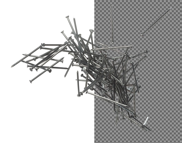 Lange nagels vliegen drijvend in de lucht Veel groepen nieuwe lange nagels vallen met metaal als bouwgereedschap Abstracte lange nagels exploderen uit de doos Witte achtergrond geïsoleerd hoge snelheid sluiter bevriezen beweging