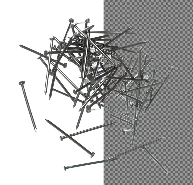 Lange nagels vliegen drijvend in de lucht Veel groepen nieuwe lange nagels vallen met metaal als bouwgereedschap Abstracte lange nagels exploderen uit de doos Witte achtergrond geïsoleerd hoge snelheid sluiter bevriezen beweging