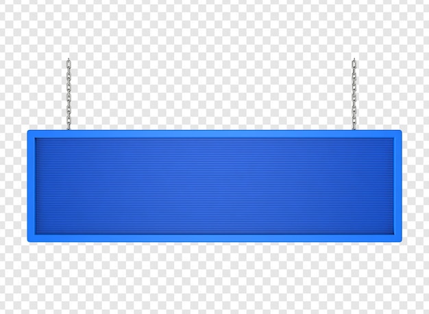 Lange rechthoekige plaat in blauwe kleur, vastgehouden door kettingen