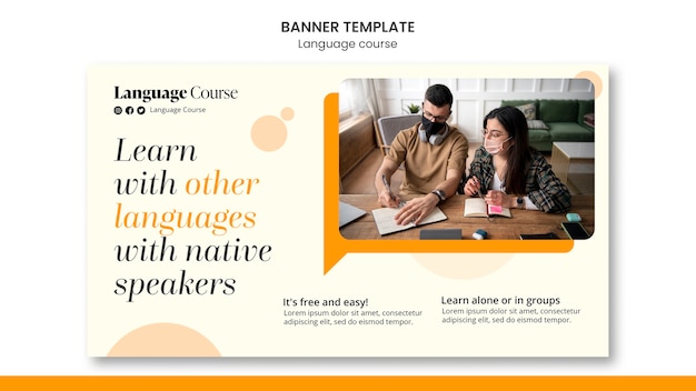 Modello di banner orizzontale per classi di lingua con design a cerchi