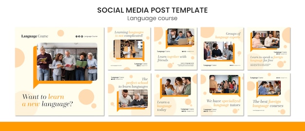 PSD raccolta di post di instagram per lezioni di lingua con design a cerchi