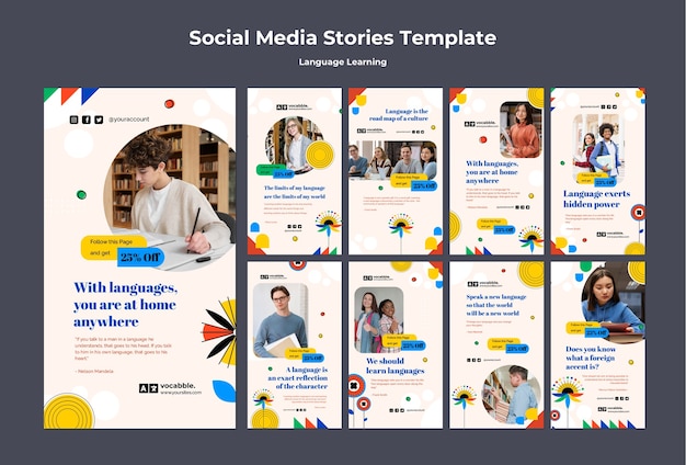 PSD Сборник рассказов instagram языковых курсов с абстрактными цветами