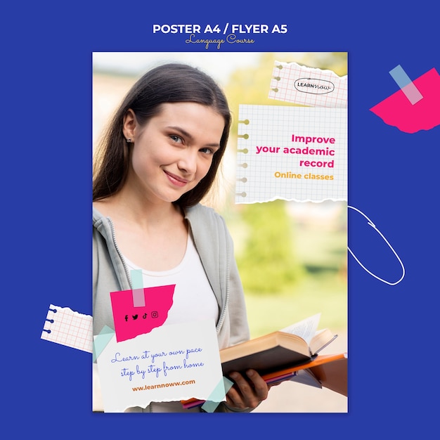 PSD language classes vertical flyer template with notebook pages