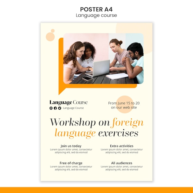 PSD language classes vertical poster template with circles design