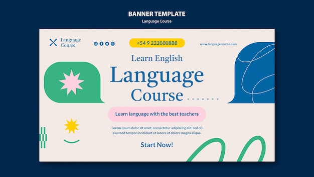 Language course horizontal banner template with abstract doodles