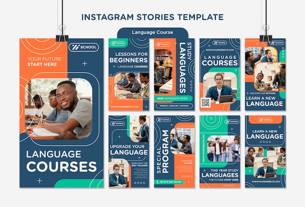 PSD raccolta di storie di instagram del corso di lingua con linee geometriche