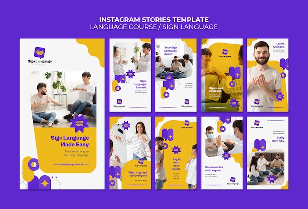 PSD 語学コースと抽象的な形の手話インスタグラムストーリーコレクション