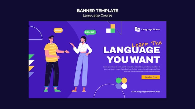 PSD language courses horizontal banner template with people and geometric shapes