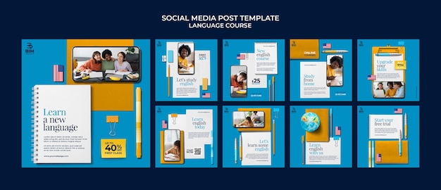 PSD language courses instagram posts collection with school supplies