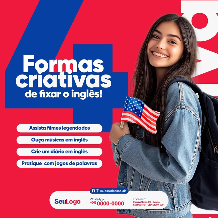 PSD language school social media template for marketing campaign in brazil