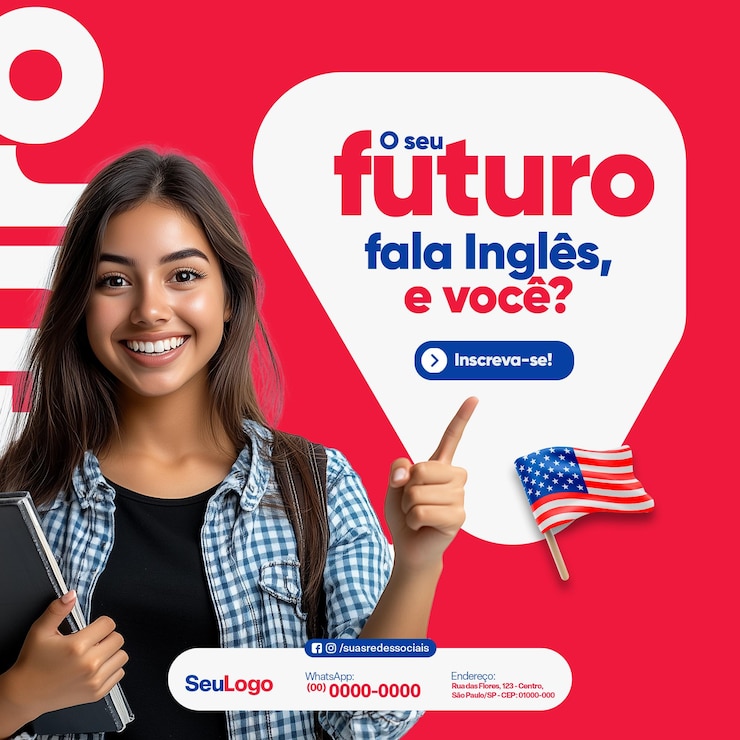 PSD language school social media template for marketing campaign in brazil