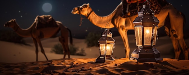 PSD lantern in de woestijn's nachts met kameel ramadan kareem banner achtergrondconcept
