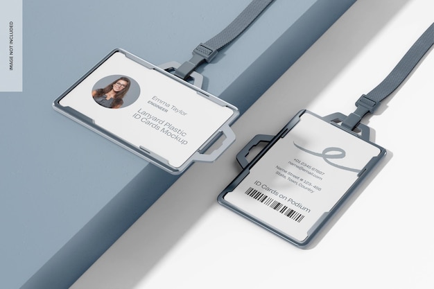 PSD lanyard plastic id cards mockup on podium