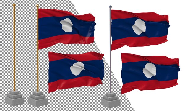 PSD laos flag waving different style with stand pole isolated 3d rendering